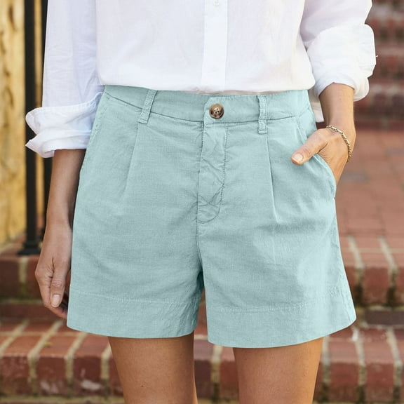 TQWQT Cyan Linen Shorts Women Dressy Casual Chino Shorts High Waisted Wide Leg Comfy Shorts with Pockets Trendy Summer Pleated Shorts Cyan XL