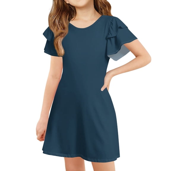 TQWQT Dark Blue Dresses for Girls Cute Kids Skater Dress Kids Crew Neck Size 10-12 Basic Tween Girls T-Shirt Dress Ruffle Short Sleeve Dark Blue 140