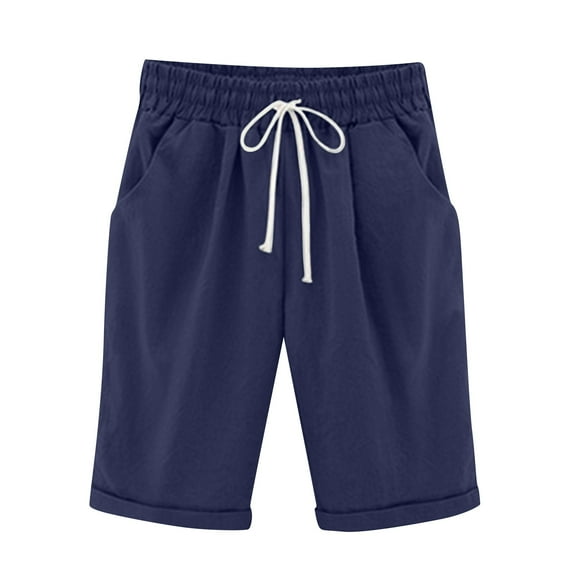 TQWQT Dark Blue Shorts Women Trendy Summer Cotton Shorts Knee Length Drawstring Elastic Waist Ladies Shorts Dressy Casual Long Shorts with Pockets Dark Blue XL