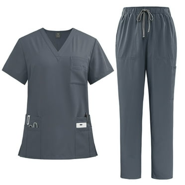 TQWQT Dark Gray Scrubs Sets for Women Plus Size Scrub Sets Stretchy V Neck Scrub Tops and Cargo Pants Nurse Uniforms Medical Scrubs with Pockets Dark Gray S