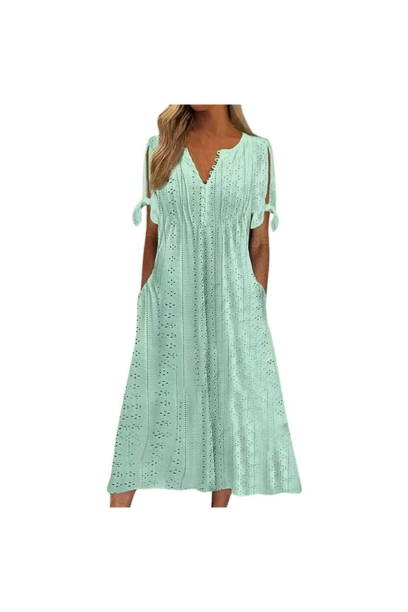 TQWQT Dresses for Women 2025 Casual Eyelet Maxi Dresses Summer Modest Short Sleeve T Shirt Dresses Beach Vacation Sundresses Bohemian Break Clothes Green XL