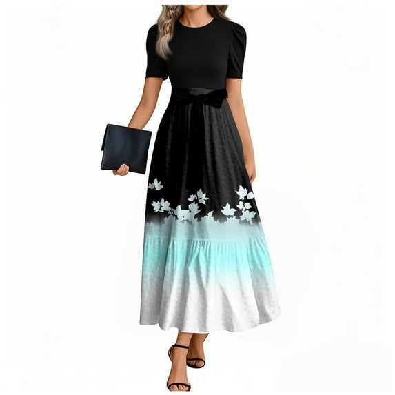 TQWQT Dresses for Women 2025 Casual Trendy Short Sleeve Teacher Dress Maxi Dresses Floral Print Long Patchwork Ruffle Hem A Line Dresses Fashion Business Casual Outfits Sky Blue M