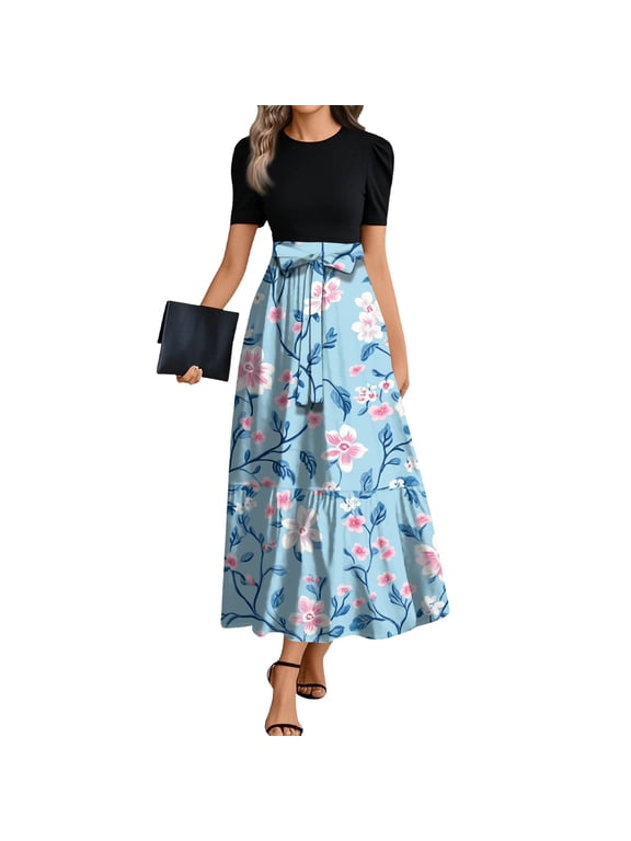 TQWQT Dresses for Women 2025 Short Sleeve Teacher Dress Modest Work Dresses Floral Print Flowy Empire Waist Shirt Dresses Plus Size Modest Clothing Sky Blue S