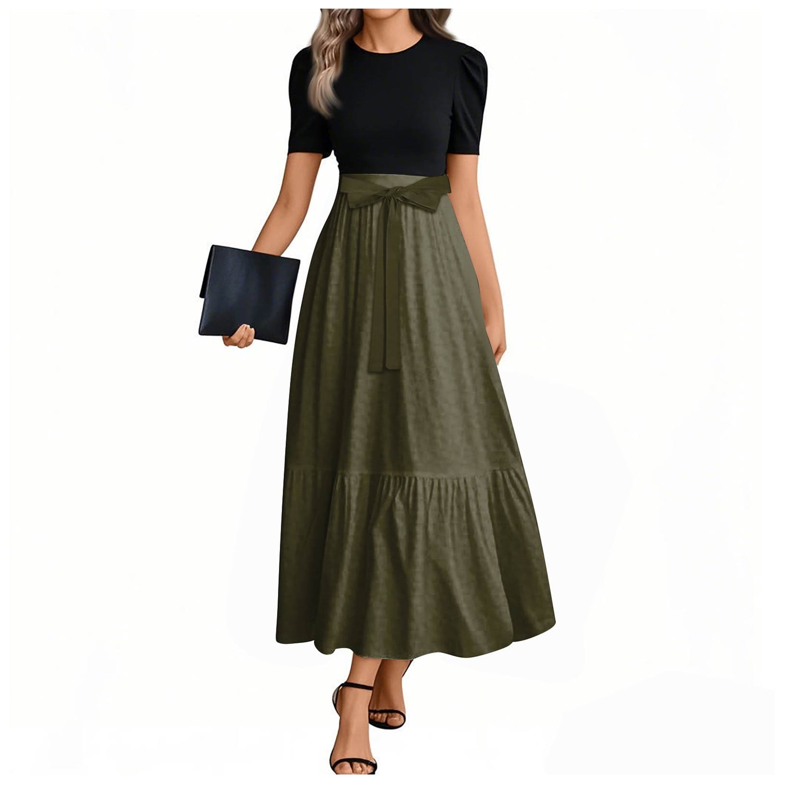 olive green church dress SHEIN LUNE Women's Elegant Summer Olive Green Pleated Waist A-Line Maxi Dress,Holiday Tea Party Vacation Outfits,Old Money Style Modest Office Work Church Dress