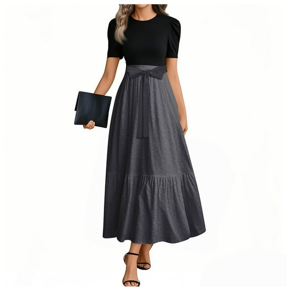 TQWQT Dresses for Women 2025 Short Sleeve Plain Print Office Maxi Dresses Long Flowy Patchwork Ruffle Hem A Line Dresses Formal Teacher Clothes Dark Gray XL