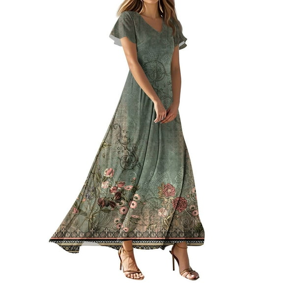 TQWQT Easter Dresses for Women Short Sleeve Floral Boho Maxi Dress V Neck Casual Chiffon Dresses Plus Size Wedding Guestes Dress Army Green M