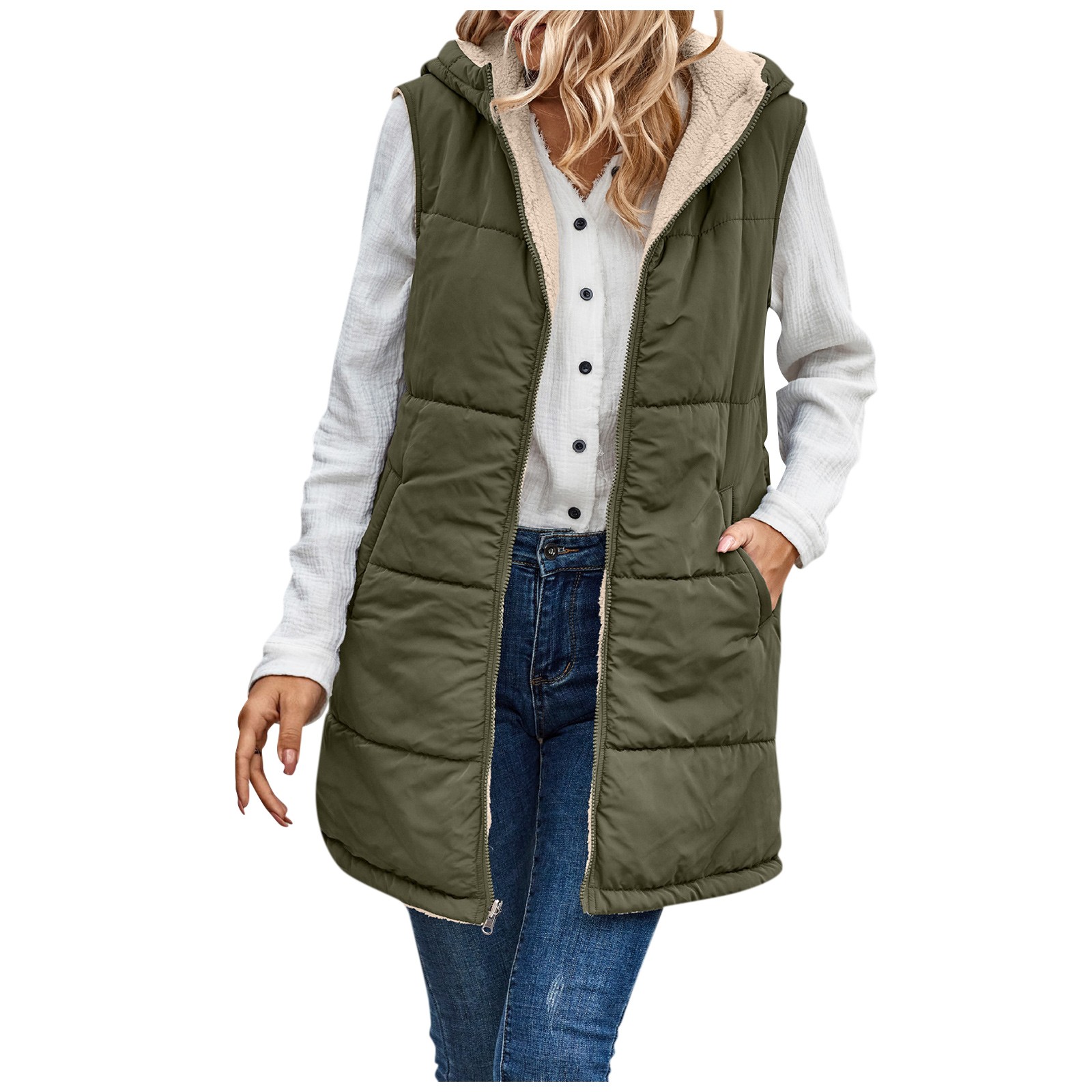 TQWQT Fall Reversible Vests for Women Sleeveless Fleece Jacket