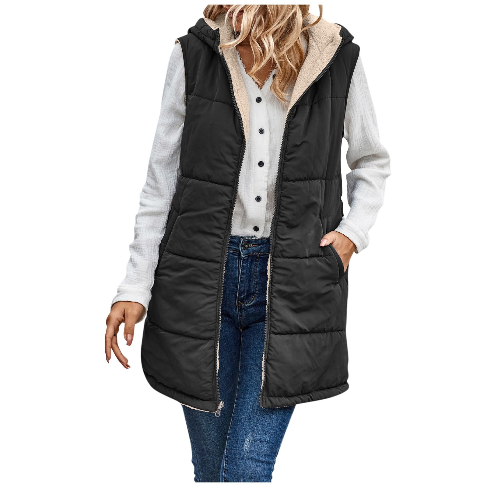 TQWQT Fall Reversible Vests for Women Sleeveless Fleece Jacket Zip