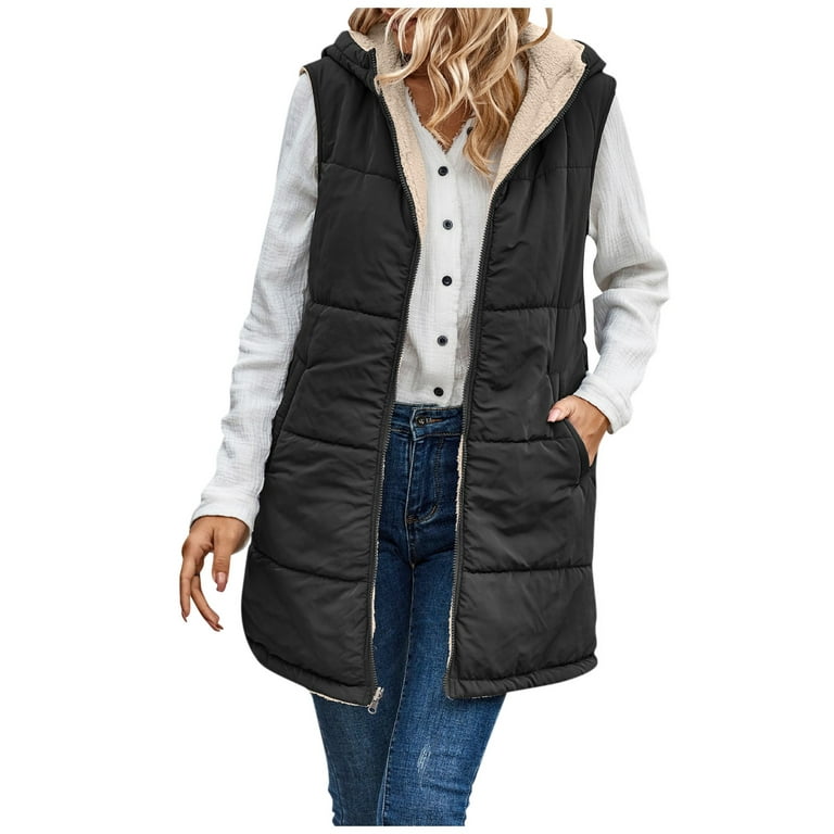 TQWQT Fall Reversible Vests for Women Sleeveless Fleece Jacket Zip Up  Hooded Vest Long Warm Winter Coat Comfy Outerwear Black XL 