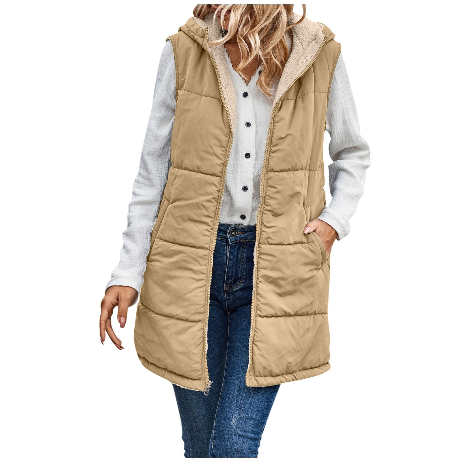 TQWQT Fall Reversible Vests for Women Sleeveless Fleece Jacket Zip Up  Hooded Vest Long Warm Winter Coat Comfy Outerwear Camel XL