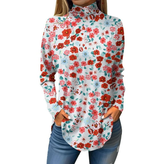 TQWQT Fall Tunic tops for Women Floral Print Tunic Top Long Sleeve Loose Fit Floral Printed Shirt Fall Mockneck T-Shirts Curved Hem Graphic Tee Red 2XL