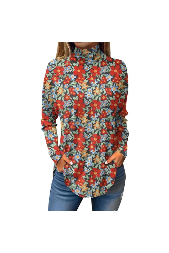 TQWQT Fall Tunic tops for Women Floral Print Tunic Top Long Sleeve Loose Fit Floral Printed Shirt Fall Mockneck T-Shirt Curved Hem Graphic Tee Red S