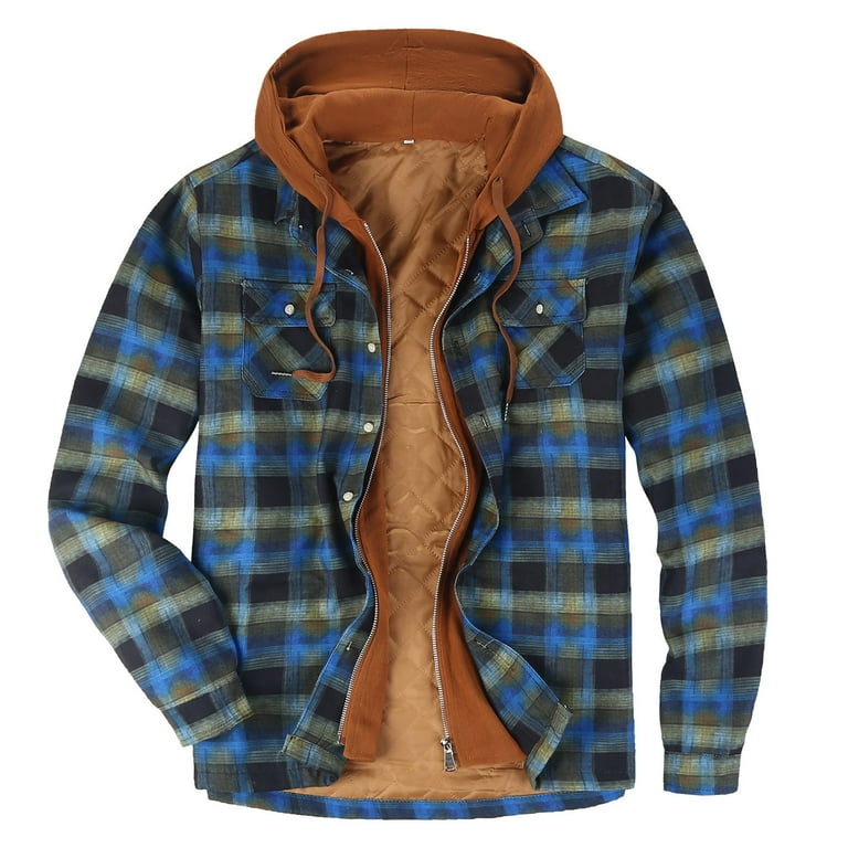 TQWQT Flannel Jacket for Men Zip Up Plaid Shirt Jacket for Men Winter Heavy Sherpa Lined Jacket Royal Blue L