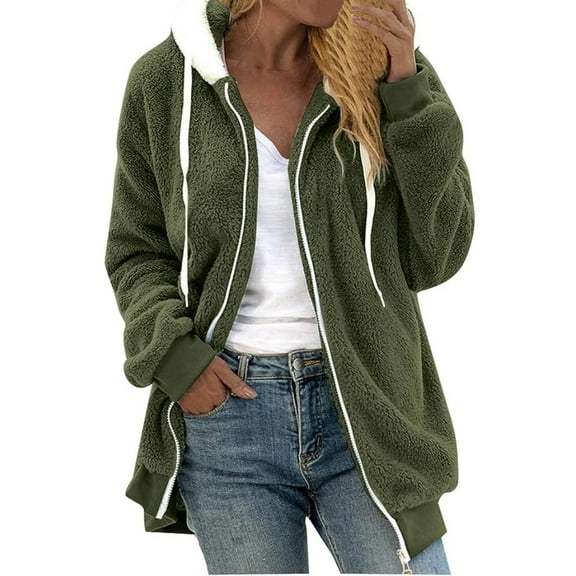 TQWQT Fleece Coats for Women, Casual Color Block Patchwork Fleece Jacket Zip Up Fuzzy Hooded Sweatshirt Long Sleeve Warm Outerwear Coats Army Green L