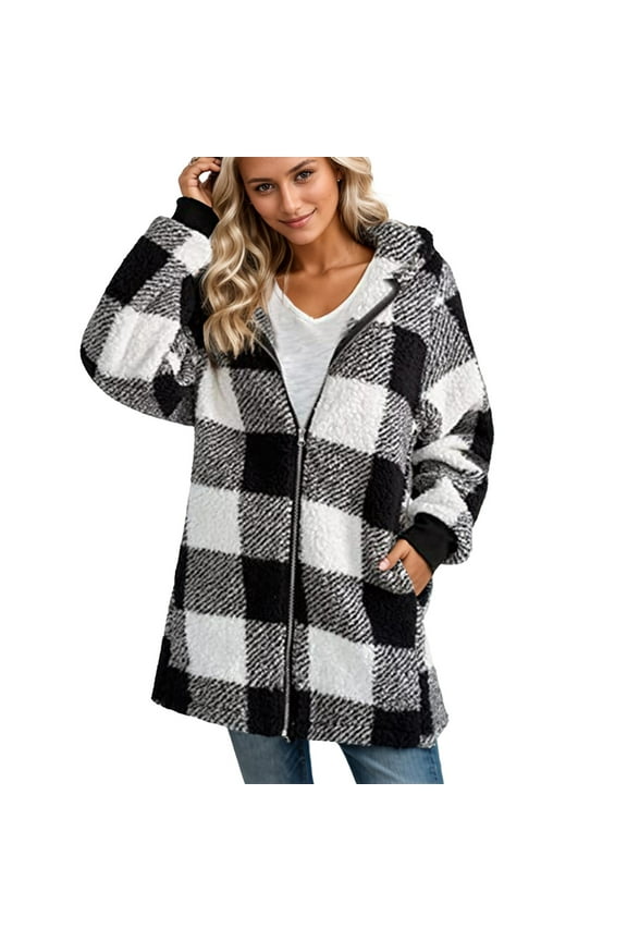 Fleece Jacket Women Plaid Hooded Cardigan Fuzzy Fleece Jacket Oversized Christmas Warm Sherpa Lined Coat Zipper Hoodie with Hood Black 3XL