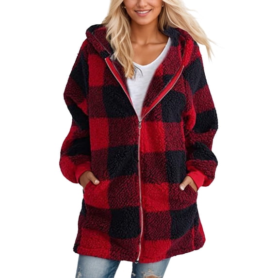 TQWQT Fleece Jacket Women Plaid Hooded Cardigans Fuzzy Fleece Lined Coat Plus Size Winter Warm Sherpa Jacket Zipper Hoodies with Pockets Red 3XL