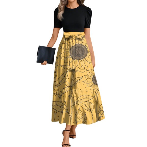 TQWQT Floral Dress for Women Short Sleeve Teacher Dress Floral Print Church Maxi Dresses Long Cute T-Shirt Dress Fashion Modest Clothing Yellow M
