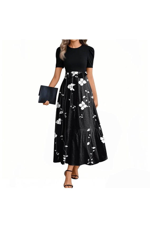 TQWQT Floral Dress for Women Short Sleeve Trendy Teacher Dress Floral Print Long Modest T-Shirt Dress Wedding Guest Business Casual Outfits White S