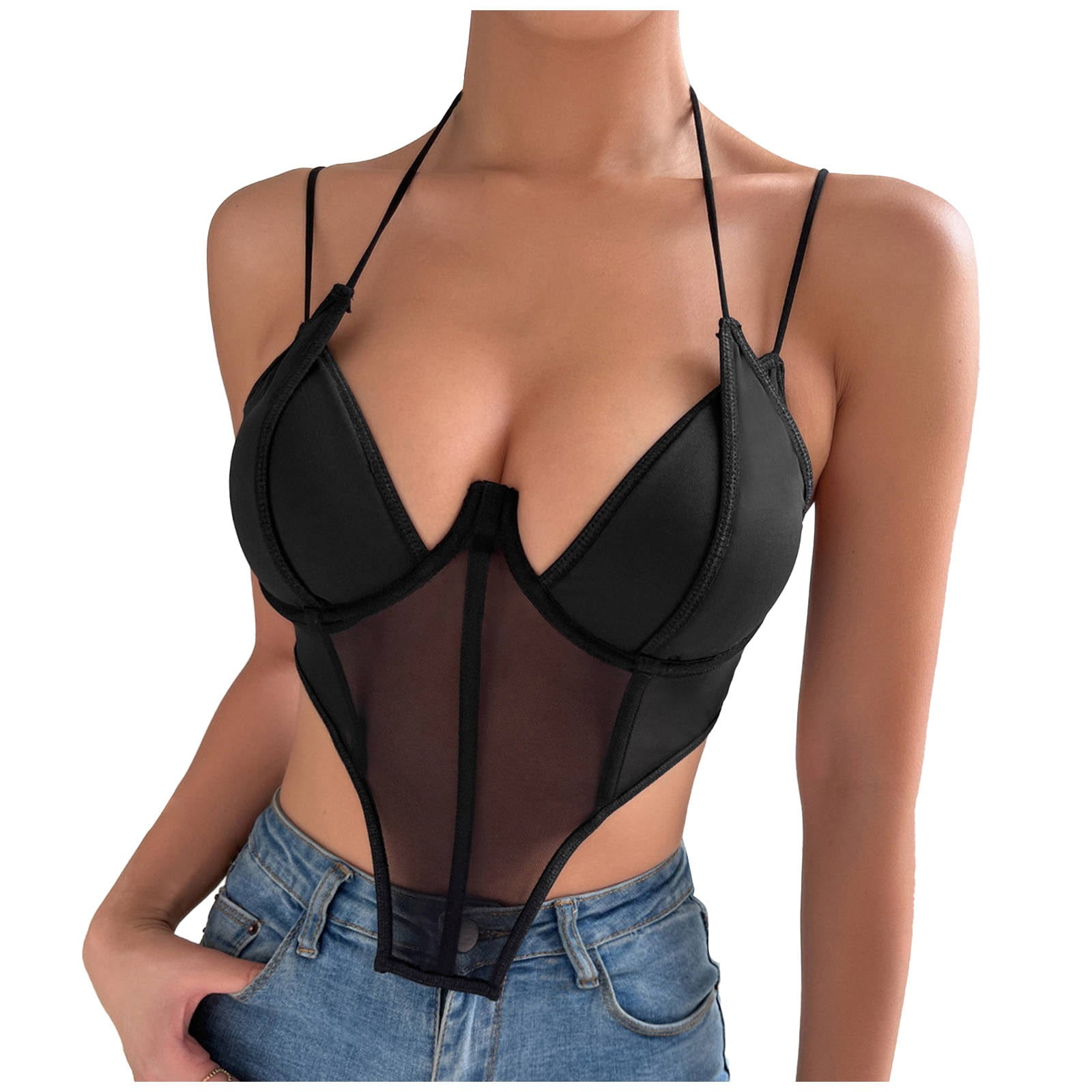Sexy Floral Lace Bralette Wirefree Longline Bra Cami Top Deep V Spaghetti  Strap Convertible Low Back Bras for Women A-C Cup Black at  Women's  Clothing store