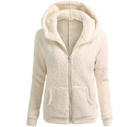 TQWQT Fuzzy Fleece Jacket for Women 2023 Sherpa Linend Jackets with Hood Full Zip up Hood Jacket with Pockets Long Sleeve Coat Beige M