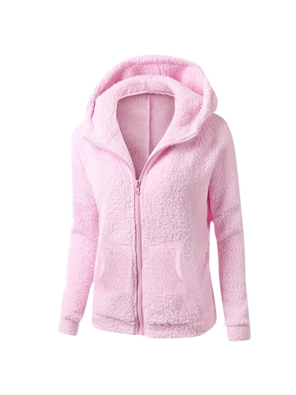 Fuzzy Fleece Winter Coats for Women Plus Size Zip Up Hoodie Lightweight Cardigan Jackets Sherpa Coats with Pockets Pink L