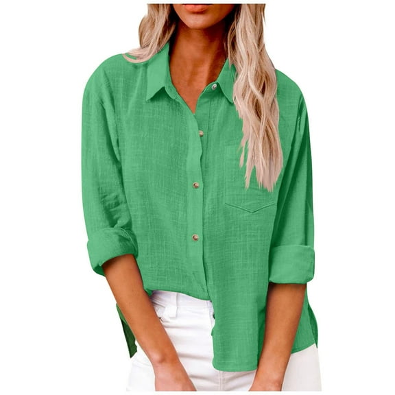 TQWQT Gauze Tops for Women Long Sleeve Button Down Tunic Shirts Plus Size Cotton Linen Collared Tops Casual Gauze Blouse Trendy Boho Clothing Green 3XL