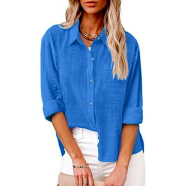TQWQT Gauze Tops for Women Plus Size Long Sleeve Button Down Shirts Linen Fall Tops Casual Gauze Blouses Trendy Boho Clothing Royal Blue 2XL