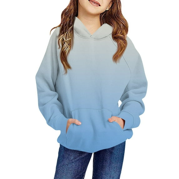 TQWQT Girl's Light Blue Hoodie Long Sleeve Kids Preppy Clothes Size 10-12 Drawstring Gradient Pullover Hoodies Oversized Cute Sweatshirts 9-10 Years