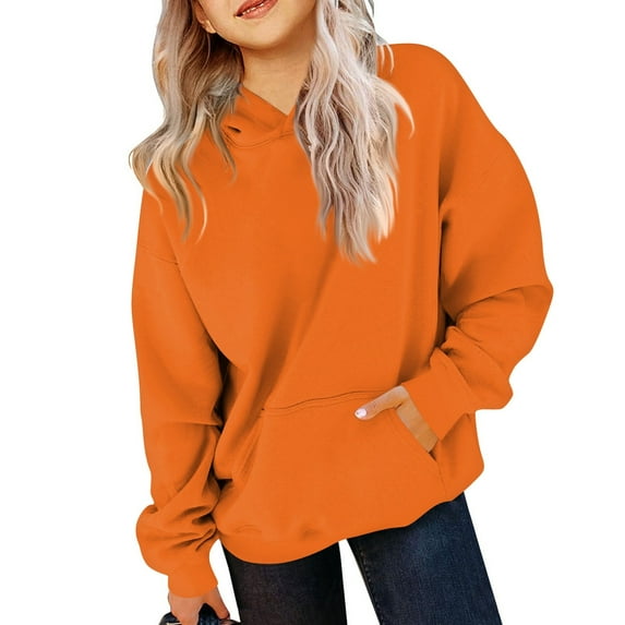 TQWQT Girl's Orange Hoodie Long Sleeve Kids Preppy Clothes Oversized Drawstring Basic Pullover Hoodies Size 10-12 Cute Sweatshirts 7-8 Years