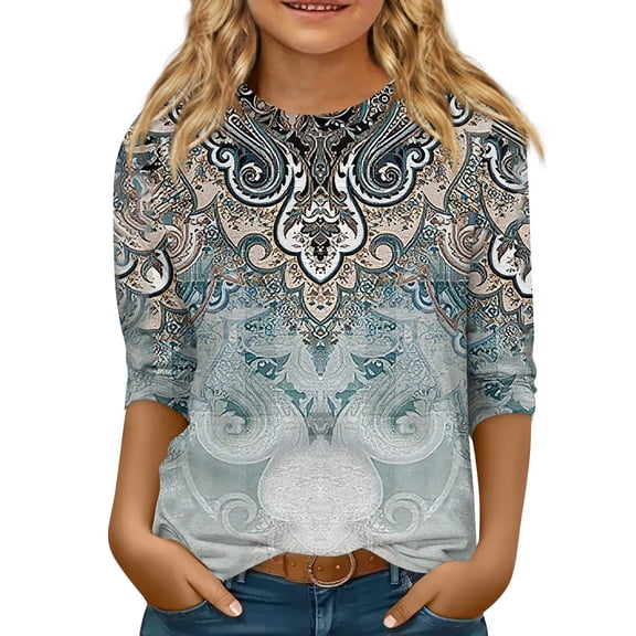 TQWQT Girls 3/4 Sleeve Shirts Fall Floral Shirts Size 10-12 Cute Blue Shirt Trendy Kids Crewneck T-shirts Girls Tops Tween Girls Clothes Blue 11-12 Years