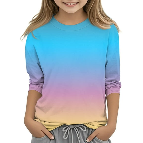 TQWQT Girls 3/4 Sleeve Shirts Fall Trendy Girls Tops Size 5-6 Kids Crew Neck Tee Shirts Cute Gradient Tween Girls Clothes