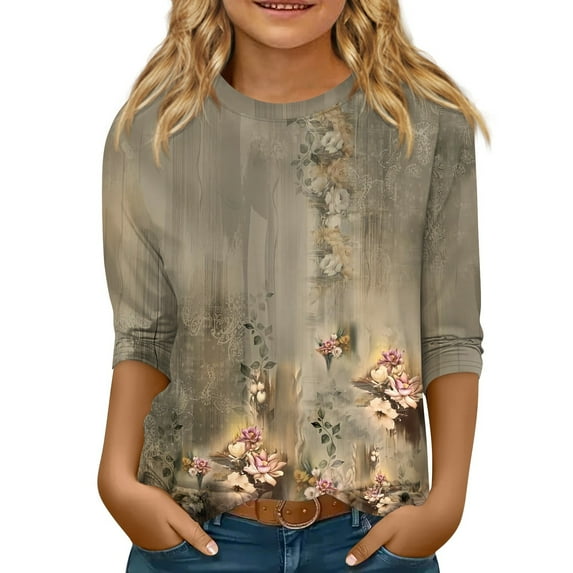 TQWQT Girls 3/4 Sleeve Shirts Fall Trendy Gray Shirts Size 10-12 Kids Shirt Cute Crew Neck Tshirt Girls Tops Tween Girls Clothes Gray 9-10 Years