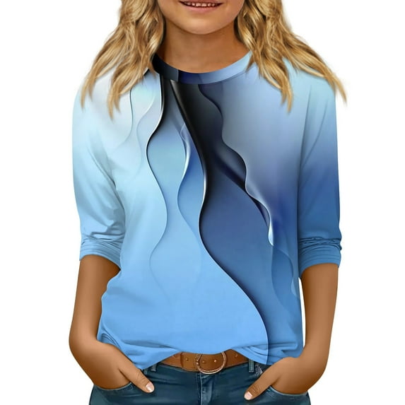 TQWQT Girls 3/4 Sleeve Shirts Floral Girls Tops Size 10-12 Fall Cute Shirt Trendy Crewneck Tee Shirts Kids Tween Girls Clothes Dark Blue 5-6 Years