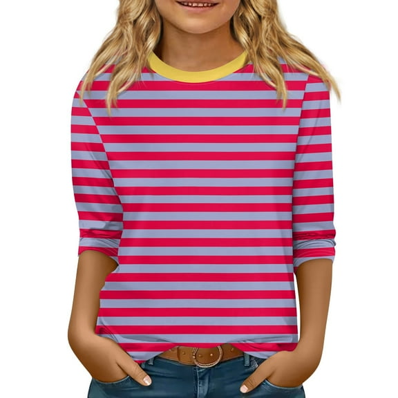 TQWQT Girls 3/4 Sleeve Shirts Size 10-12 Striped Hot Pink Tween Girls Clothes Trendy Crew Neck Cute Tee Shirts Kids Fall Outfits Hot Pink 7-8 Years