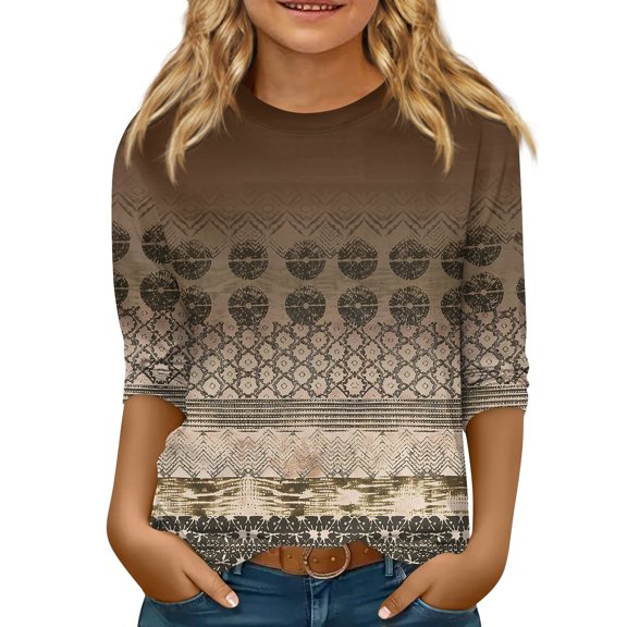 TQWQT Girls 3/4 Sleeve Shirts Trendy Floral Shirts Size 10-12 Cute Girls Tops Shirt Kids Crewneck T-shirts Graphic Tween Girls Clothes Brown 11-12 Years