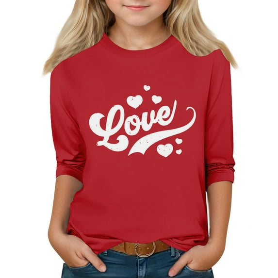 TQWQT Girls 3/4 Sleeve Valentines Shirts Heart Graphic Girls Tops Size 3-4 Spring Cute Shirt Trendy Kids Crew Neck T Shirts Love Heart Tween Girls Clothes