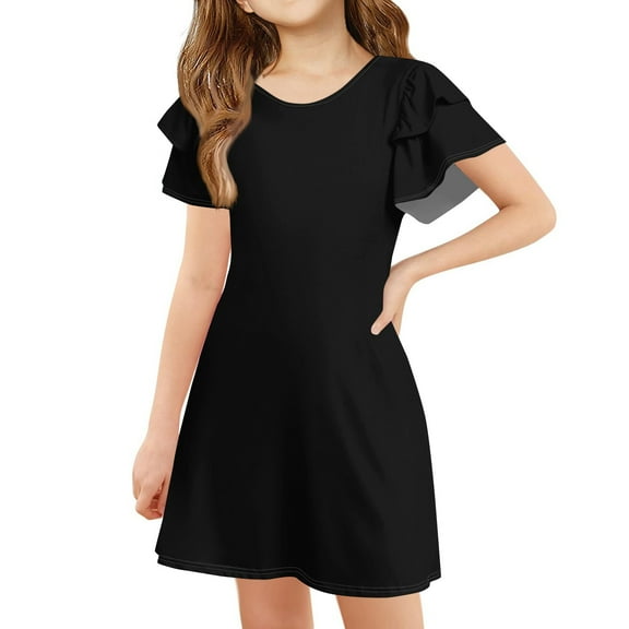 TQWQT Girls Black Dresses Size 10-12 Casual Basic Tween Girls T-Shirt Dress Ruffle Short Sleeve Crew Neck Cute Swing Sundress Kids Summer T-Shirt Dress Black 140