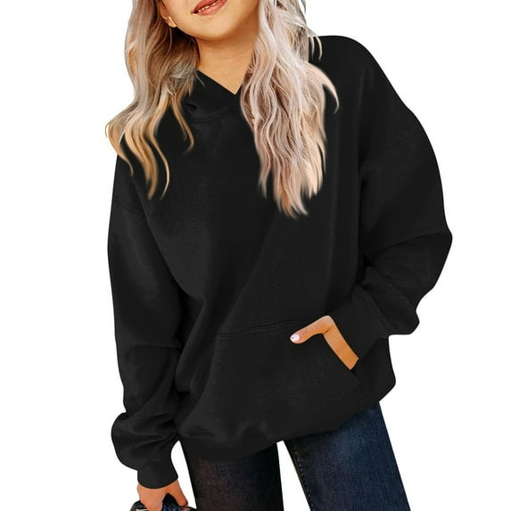 TQWQT Girls Black Hoodie Size 10-12 Trendy Pullover Hoodies Hooded Long Sleeve Basic Kids Preppy Clothes Oversized Cute Sweatshirts 11-12 Years
