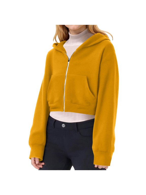 Girls Cropped Hoodie Zip Up Sweatshirt Long Sleeve Solid Color Pullover Jacket Teen Fashion Outerwear Casual Fall Winter Coat Orange 11-12 Years
