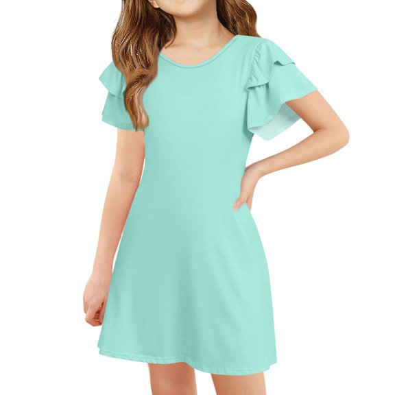 TQWQT Girls Cyan Dresses Kids Summer Dress Size 10-12 Cute Girls Sundress Ruffle Short Sleeve Kids Crew Neck Party Dress Basic Tween Girls T-Shirt Dress Cyan 120