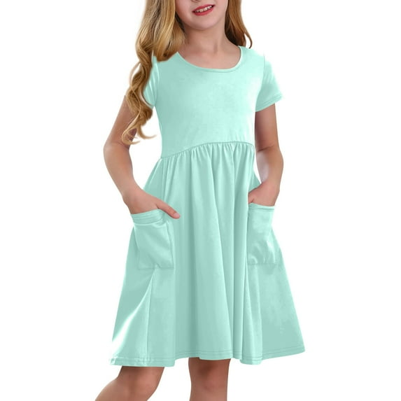 TQWQT Girls Cyan Dresses Summer Short Sleeve Plain Dress Size 10-12 Kids Crew Neck Party Dress Cute Girls Sundress Tween Girls T-Shirt Dress with Pockets Cyan 120