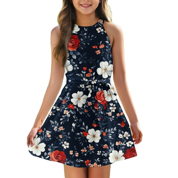 TQWQT Girls Dresses Size 10-12 Sleeveless Dress Summer Cute Halter Dress Kids Tie Front Size 10-12 A Line Sundress Trendy Floral Print Tween Girls Clothes Navy 120