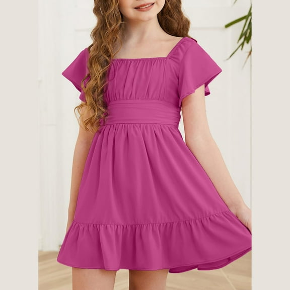 TQWQT Girls Dresses Size Off Shoulder Dress Summer Cute Hot Pink Dress Kids Square Neck Size 10-12 School Dress Trendy Basic Tween Girls Clothes