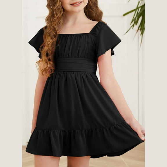 TQWQT Girls Dresses Size Off Shoulder Tie Back Dresses Size 10-12 Black Kids Tween Girls Clothes Square Neck Cute Boho Dresses Trendy Summer Outfits