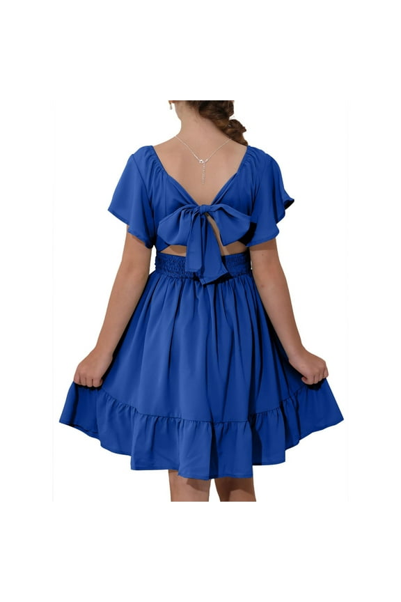 Girls Dresses Size Off Shoulder Tie Back Dresses Summer Cute Blue Dress Kids Square Neck Size 10-12 Party Dress Trendy Basic Tween Girls Clothes