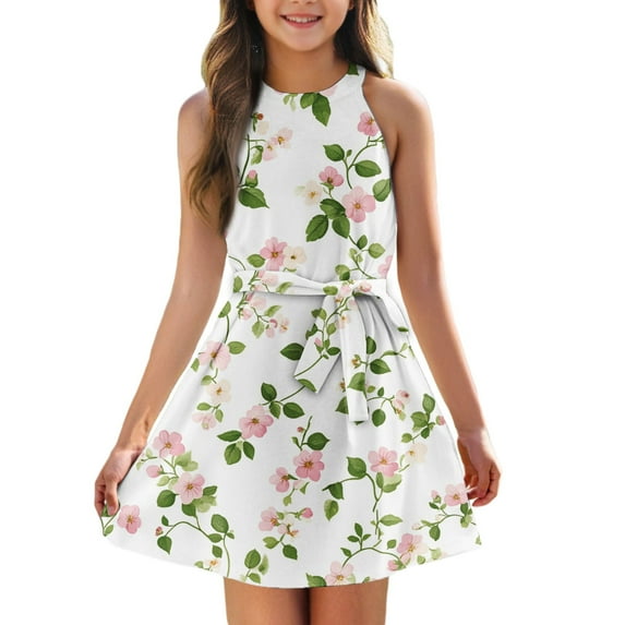 TQWQT Girls Dresses Summer Cute Floral Print Dress Size 10-12 Kids Tie Front Mini Dress Sleeveless Girls Sundress Tween Girls Clothes Light pink 150