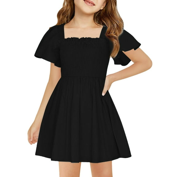 TQWQT Girls Dresses Summer Cute Girls Sundress Size 10-12 Kids Crew Neck Mini Dress Ruffle Short Sleeve Plain Tween Girls T-Shirt Dress Black XXL
