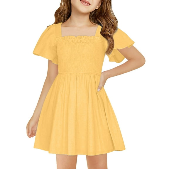 TQWQT Girls Dresses Summer Cute Multicolor Dress Size 10-12 Smocked Sundress Ruffle Short Sleeve Kids Crewneck Party Dress Basic Tween Girls T-Shirt Dress Multicolor XL