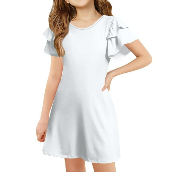 TQWQT Girls Dresses Summer Ruffle Short Sleeve White Dress Size 10-12 A Line Sundress Cute Kids Crew Neck School Dress Girls Dresses Tween Girls T-Shirt Dress White 150