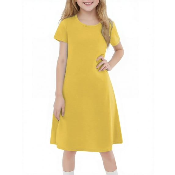 TQWQT Girls Dresses Summer Short Sleeve Girls Yellow Dress Size 10-12 Crewneck Skater Dress Cute Kids Tween Girls T-Shirt Dress Yellow 110